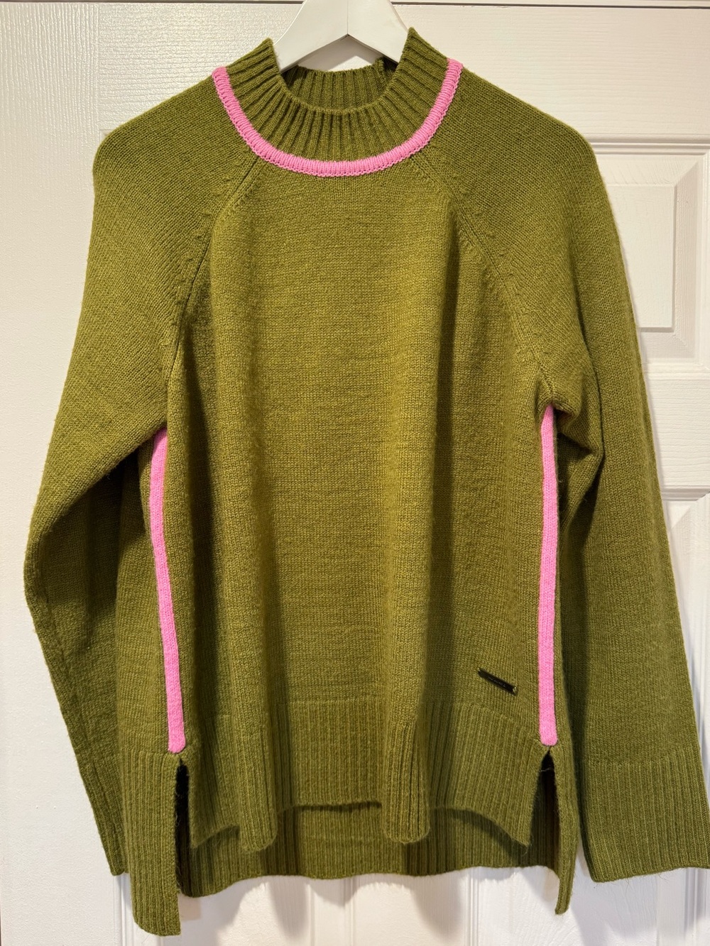 Peace Love World Vibrant Olive Green Crewneck Sweater with Hot Pink Trim
